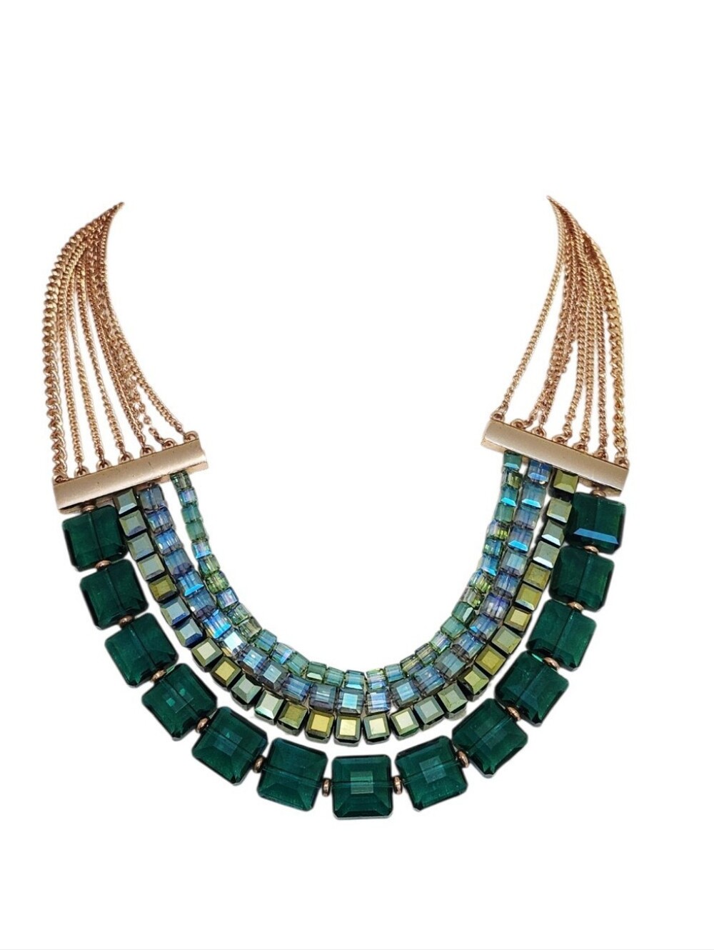 VINTAGE ALI-KHAN NEW YORK MULTI-STRAND CRYSTAL STATEMENT BIB NECKLACE GREEN GOLD